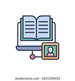 Ilustración que representa el aprendizaje en línea, con un libro en una pantalla de computadora conectada a un icono de persona, estilo plano.