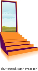 Illustration depicting an open door and a scenic view available through the door.