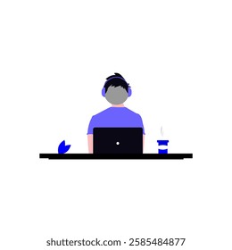 An illustration depicting a person with headphones working on a laptop. 