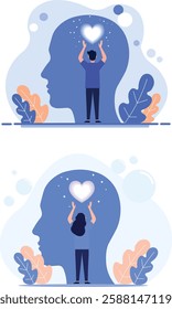 Illustration depicting a person raising a glowing heart towards a human head silhouette, symbolizing mental health, emotional well-being, self-care, mindfulness, and psychological support