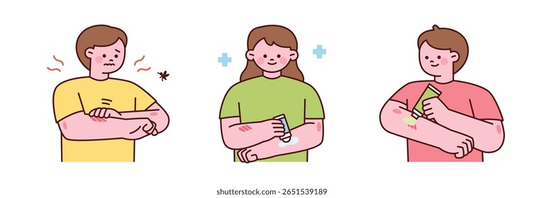 Uma ilustração representando uma pessoa que sofre de uma picada de mosquito, seguida pela aplicação de creme calmante para alívio. Ideal para conteúdo relacionado a cuidados de saúde, verão ou mordida de inseto.