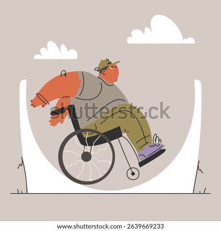 An illustration depicting a person in a wheelchair navigating and overcoming an obstacle, showcasing resilience and a positive attitude. The clouds add a whimsical touch.