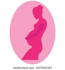 Illustration depicting a pink silhouette of a pregnant woman holding her belly.