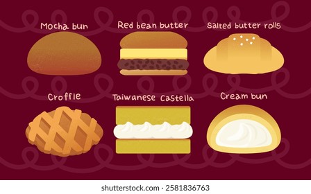 An illustration depicting popular breads in Korea such as mocha bread, castella, ang-butter, croffle, salt bread, and cream bread