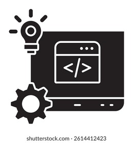 Illustration depicting the process of coding and idea generation. A lightbulb shines on a computer screen displaying code, Perfect for illustrating articles on software development, startups,