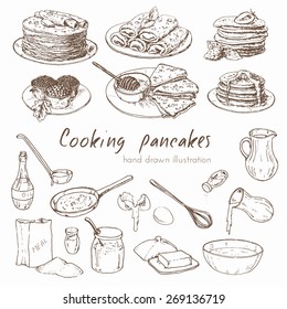 Illustration depicting the process of cooking pancakes and various types of pancakes. infographic about the recipe for pancakes. Vector hand drawn set.  svg
