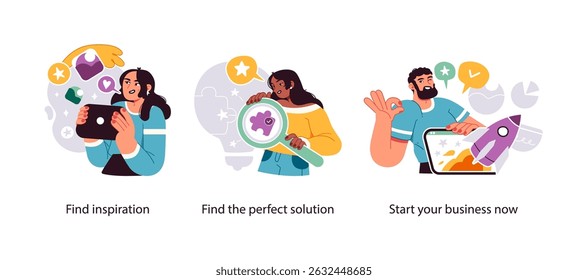 Illustration depicting the process of finding inspiration, identifying solutions, and launching a new business venture successfully.