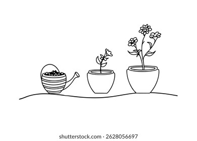 Illustration depicting the process of plant growth with watering can and flowers in pots