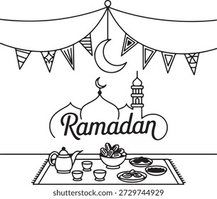 An illustration depicting Ramadan elements including a mosque, crescent moon, festive flags, and a table with dates, a teapot, and dishes.