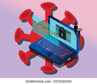 An illustration depicting a ransomware cyber attack, featuring a laptop with a locked screen and the word "RANSOMWARE" displayed. The laptop is placed on a virus-like structure, symbolizing the spread