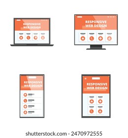 Illustration depicting a responsive website design on desktop, laptop, tablet, and smartphone
