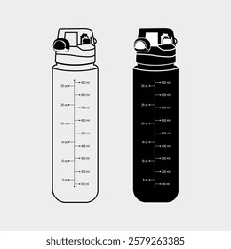 Illustration depicting reusable water bottles with volume markings in contrasting black and white designs on a minimalist background.