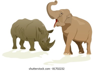 Illustration depicting the rhino and elephant on a white background