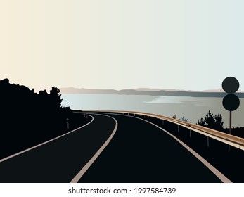 
illustration depicting a road hiding around a bend, against a background of a lake and mountains in the distance, for interior decoration and use in other illustrations