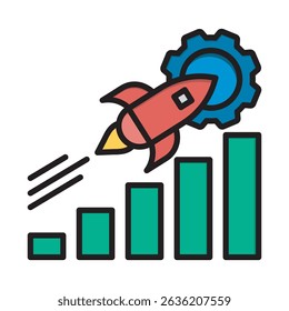 Eine Illustration, die ein Raketenschiff darstellt, das von einem wachsenden Balkendiagramm abstrahlt und das Geschäftswachstum, Erfolg und Fortschritt symbolisiert