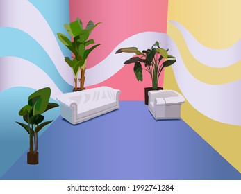 Illustration eines Raumes mit einem Muster an den Wänden, einem Sofa und einem Sessel und Hauspflanzen, um einen Hintergrund für andere Illustrationen und Inneneinrichtungen zu schaffen