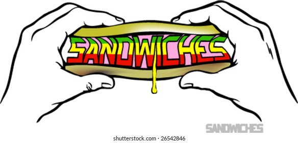 Illustration depicting a sandwich with a dripping mustard or mayonnaise.