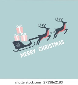 An illustration depicting Santa's sleigh pulled by three flying reindeer carrying a stack of gifts The text Merry Christmas is beneath the sleigh set against a soft pale blue background