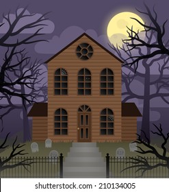 Illustration depicting a scene of a spooky house on a foggy moonlit night. Eps 10 Vector.