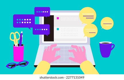 An illustration depicting a scene of using a laptop and a chatbot AI.