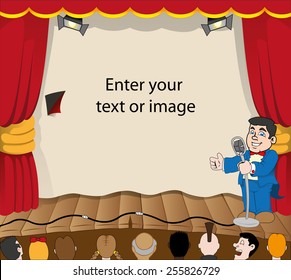 Illustration depicting scenery of a stage or theater show with presenter and audience. Suitable for educational and institutional materials