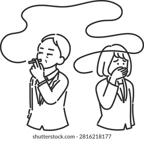 An Illustration depicting secondhand smoke, line drawing.
