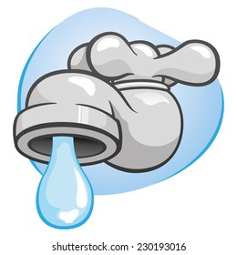 Illustration depicting semi-open Object faucet with a drop of water coming out. Waste of water.