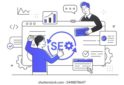 An illustration depicting SEO optimization concept, two people with digital elements on a white background, flat line art vector illustration