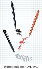 Illustration depicting a separate sheet on which pictures are writing three different pens