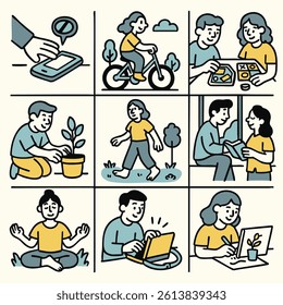 Illustration depicting sequence of activities promoting well being including using smartphone cycling playing games gardening walking reading meditating and working on laptop