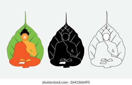 Illustration depicting a serene monk meditating in vibrant leaf frames, emphasizing spirituality, peace, and mindfulness through art and symbolic representation.