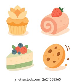 
Ilustración que representa un conjunto de 4 tipos de dulces, galletas, rollo, pastel y cupcake sobre un fondo blanco