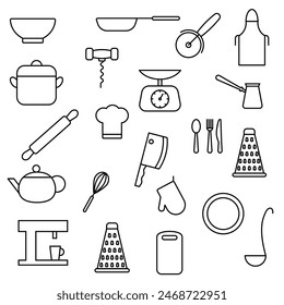 Illustration depicting a set of black icons of kitchen items on a white background