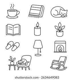 Illustration depicting a set of black icons cute, home comfort and tranquility, comfortable chair, home flowers, cat, everything for relaxation