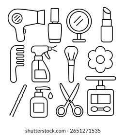 
Ilustração representando um conjunto de ícones pretos em contorno de um salão de beleza, acessórios para mulheres (secador de cabelo, pente, spray de cabelo, grampo de cabelo) em um fundo branco