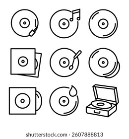 Illustration depicting a set of black retro record icons on a white background
