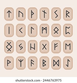 
Illustration depicting a set of icons with runes on stones on a light beige background. 24 sacred runes