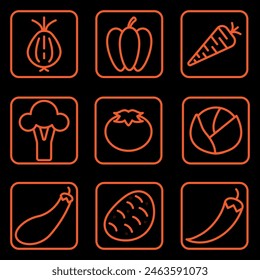 Illustration depicting a set of orange vegetable icons on a black background