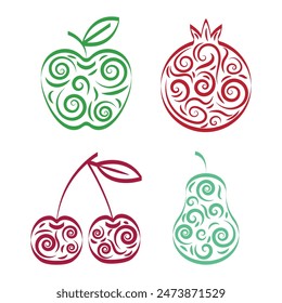 Illustration depicting a set that consists of a green patterned apple, pear, cherry and pomegranate on a white background