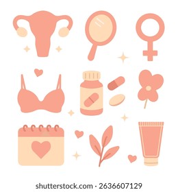 Illustration depicting a set of women's health icons, pastel colors, on a white background