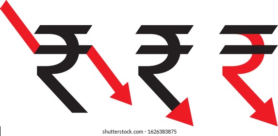 Illustration depicting the sign of the Indian rupee with a stylized arrow pointing down in several versions. Concept - national currency exchange rate is falling.