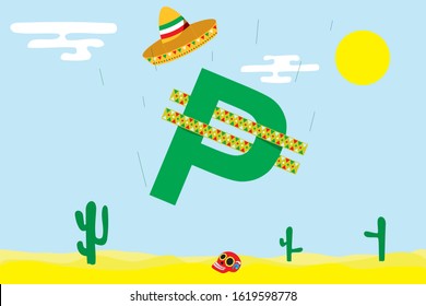 Illustration depicting a sign of the Mexican peso falling in a bunny in the Mexican desert with cacti and a skull. Concept - national currency exchange rate is falling.