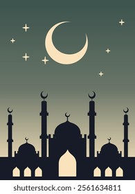 An illustration depicting the silhouette of a mosque with multiple minarets under a crescent moon and stars, set against a gradient night sky. 