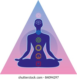 illustration depicting the silhouette of a person seated in the lotus position with seven chakras