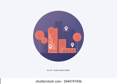 Illustration depicting silhouettes of city buildings and trees. ?oncept of modern navigation apps on city streets. Flat design. Vector illustration.