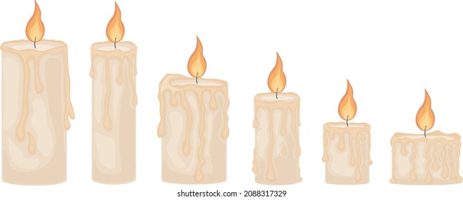 An illustration depicting six romantic burning candles. Wax candles of different sizes and shapes. Six candle flames, vector illustration isolated on white background