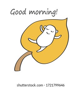 
illustration depicting a sleeping creature on a leaf of a tree. good morning.