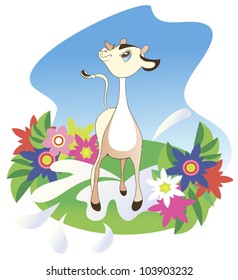 Illustration depicting a small calf, which is on a summer meadow of flowers
