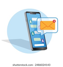 An illustration depicting a smartphone with a new email notification icon. The phone screen displays a chat interface, highlighting digital communication, instant messaging, and email alerts.