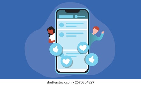 illustration depicting social media interaction on a digital platform, featuring various icons such as likes, comments, and love symbols, representing engagement, communication